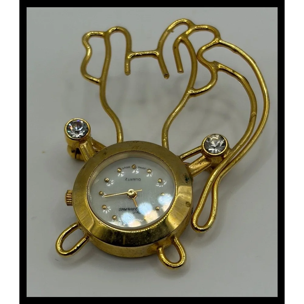 Vienna Cat Brooch Watch Womens Gold Tone Rhinestone Novelty Jewelry